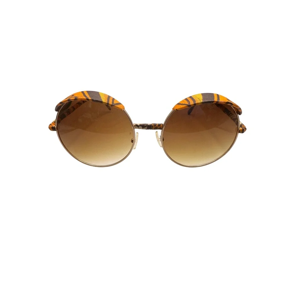 Womens Round Teashades‎ Sunglasses Gold Frame Orange Brown Fabric Accents Unique